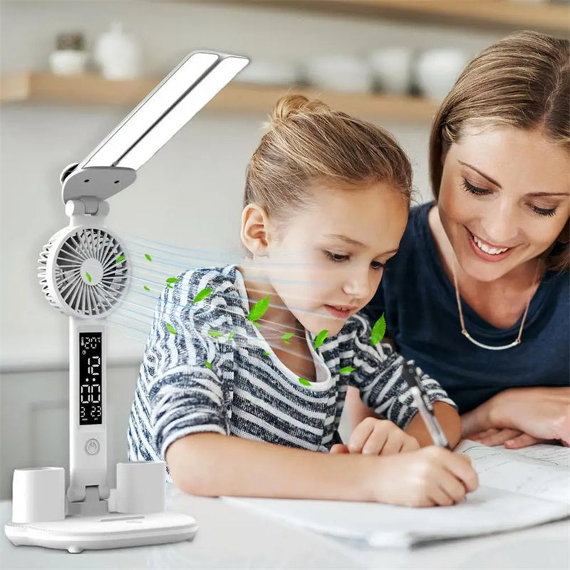 Foldable LED Desk Lamp – Eye Protection, Fan, Thermometer & Pen Holder