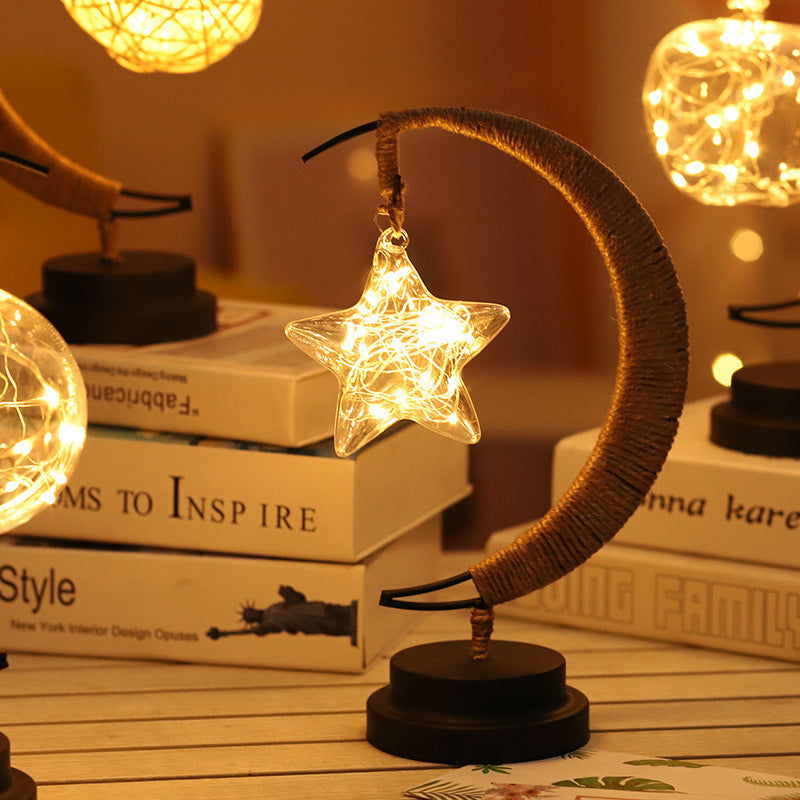 LED Moon & Star Ornament Light – Copper Wire, USB & Battery Powered