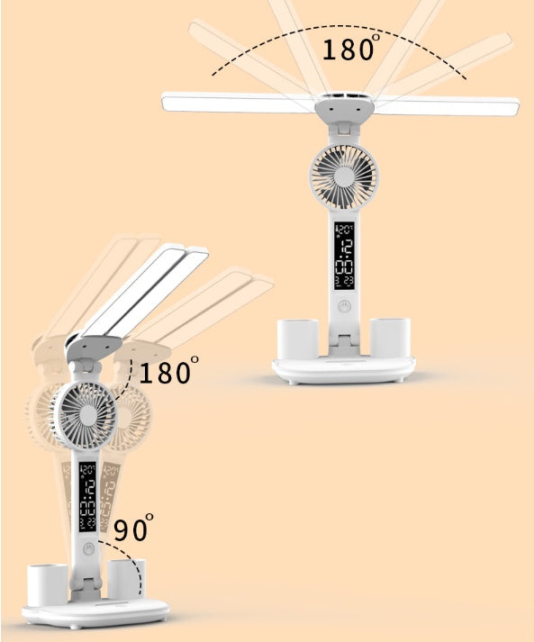 Foldable LED Desk Lamp – Eye Protection, Fan, Thermometer & Pen Holder