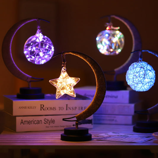 LED Moon & Star Ornament Light – Copper Wire, USB & Battery Powered