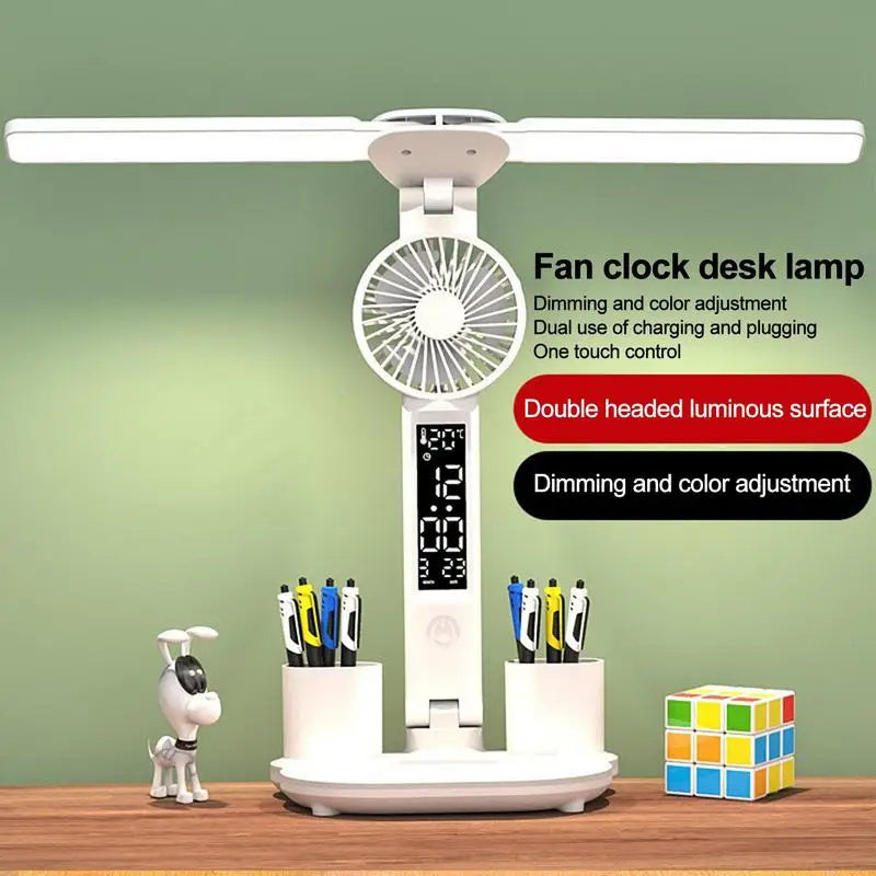 Foldable LED Desk Lamp – Eye Protection, Fan, Thermometer & Pen Holder