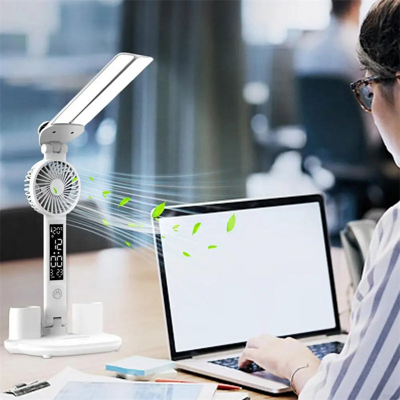 Foldable LED Desk Lamp – Eye Protection, Fan, Thermometer & Pen Holder