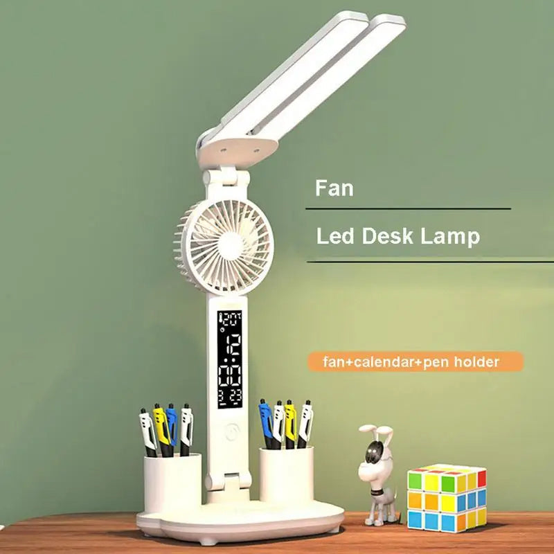 Foldable LED Desk Lamp – Eye Protection, Fan, Thermometer & Pen Holder