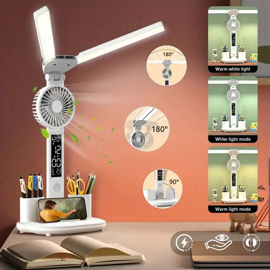 Foldable LED Desk Lamp – Eye Protection, Fan, Thermometer & Pen Holder