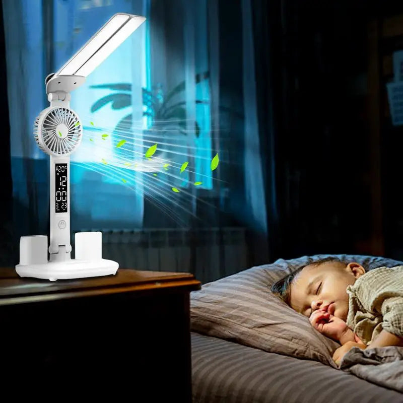 Foldable LED Desk Lamp – Eye Protection, Fan, Thermometer & Pen Holder