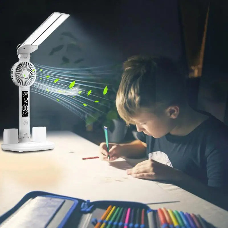 Foldable LED Desk Lamp – Eye Protection, Fan, Thermometer & Pen Holder