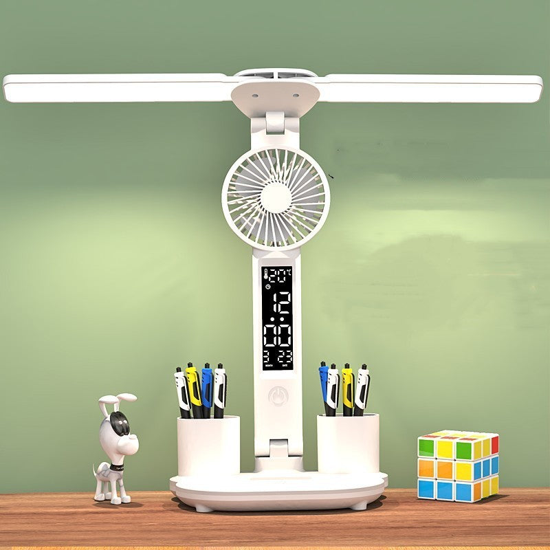 Foldable LED Desk Lamp – Eye Protection, Fan, Thermometer & Pen Holder